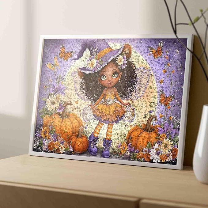 Cute Halloween Fairy Witch Jigsaw Puzzle for Adults 1000 Piece Pumpkins Butterflies and Flowers Puzzles Colorful Fantasy Art Puzzle for Women Men Teens Challenging Game Fun Autumn Decor