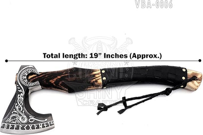 SHINY CRAFTS-Axes Handmade Viking Axe Hatchet Norse Battle Axe-Valhalla Runic Axe, Carbon Steel Viking Axe Head, Engraved Handle, Wolf Camp Axe, Genuine Leather Sheath & Wrap (VBA 06)