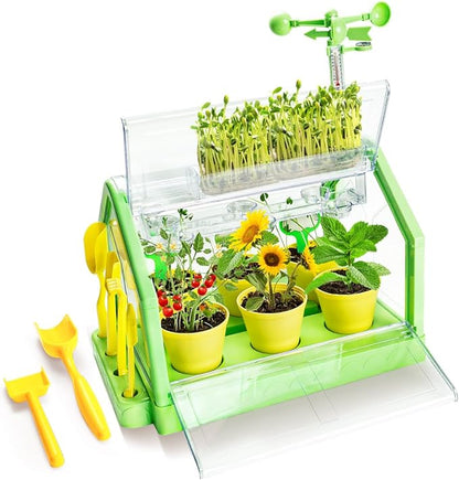 Kids Plant Growing Kit - Kids Greenhouse & Flower Growing Kit with Hydroponic Growing System, Thermometer,Wind Vane & Tools, Educational STEM Plant Growing Set