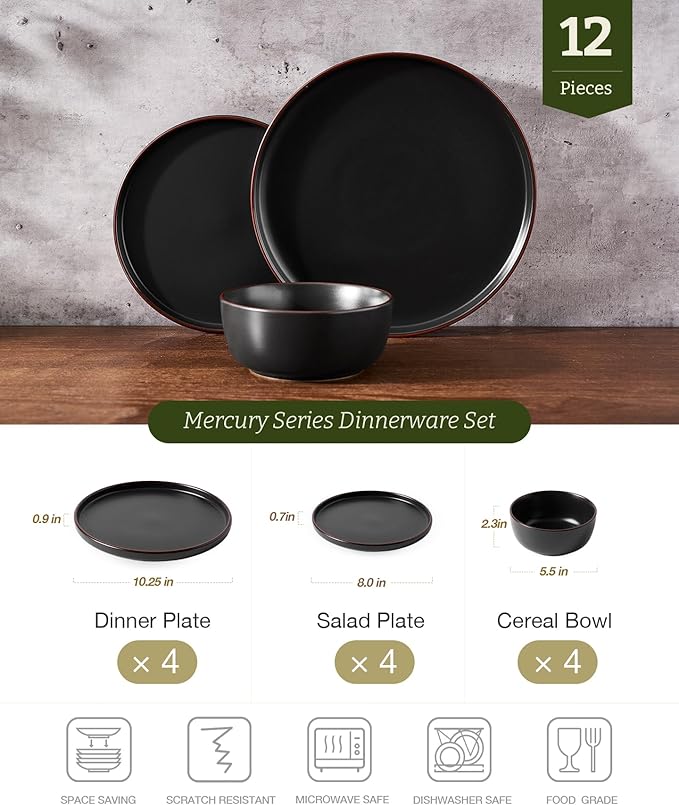 Famiware Mercury Plates and Bowls Sets, 12 Pieces Stoneware Dinnerware Sets, Dishes Set for 4, Microwave and Dishwasher Safe, Black