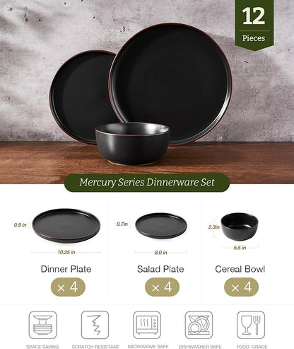 Famiware Mercury Plates and Bowls Sets, 12 Pieces Stoneware Dinnerware Sets, Dishes Set for 4, Microwave and Dishwasher Safe, Black