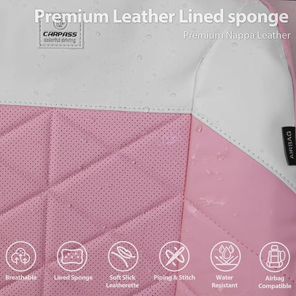 CAR PASS Memory Foam Leather Seat Covers Full Set, Breathable Luxury Perforated Nappa Leather Seat Covers Universal Fit for Car,SUV,Truck Seat Covers Thick 3D Foam Comfort,Airbag Compatible Pink White