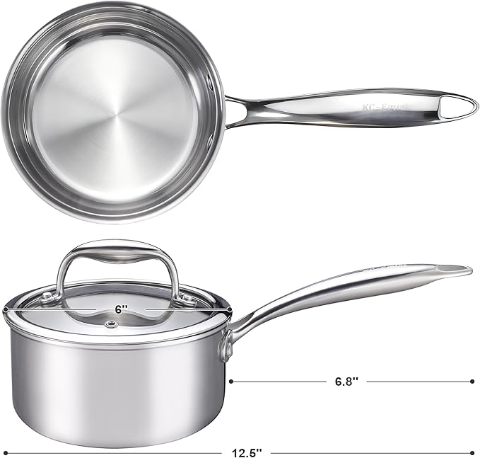 1-Quart Saucepan with Lid, Tri-Ply Stainless Steel Pot with Stay-Cool Handle &
