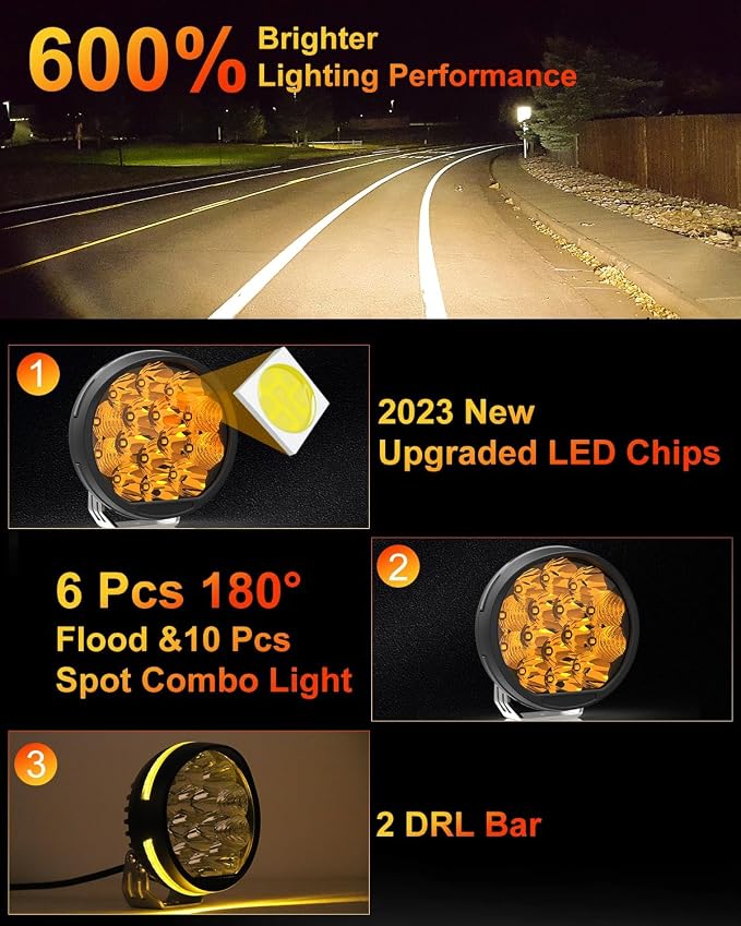 5 Inch LED Pods with Side Shoote, Super Bright 34000LM Yellow Flood Spot Combo Beam LED Driving Light Bar w/Amber DRL, 360° Wide Range Off Road Light w/Wiring Harness Kit - 2Pack