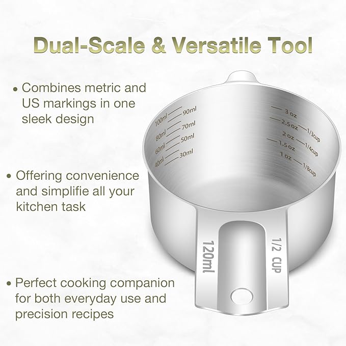 2PCS 1/2Cup Single Measuring Cup, Etched Inner Scale Stainless Steel Measure