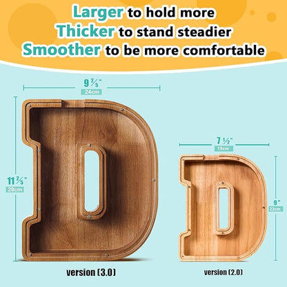 Summidate Large Wooden Piggy Bank for Kids Adults, Alphabets Letter A-Z Piggy Bank for Boys Girls, Coins Bills Change Bank Box Personalized Initial Name Kids Money Bank for Birthday Present and Decor