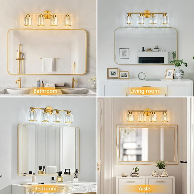 FDPBY Modern 4 Light Crystal Vanity Light, Brushed Gold Vertical Bathroom Light