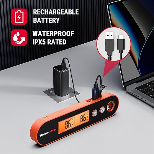 ThermoPro 2 Probes Meat Thermometer with Alarm, Rechargeable Instant Read Food Thermometer, Rotating LCD Screen, Waterproof Cooking Thermometer for Grilling, Smoker, BBQ, Oven
