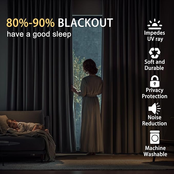 JIUZHEN Dark Grey Blackout Curtains
