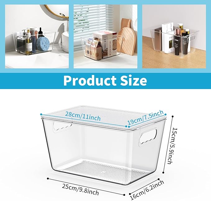 Clear Stackable Storage Bins, Pantry Organizers & Storage Containers, Cabinet Organizer, Home Organization Must Haves for Kitchen, Laundry Room, Office, Closet & Freezer (6 Pack with Lids)