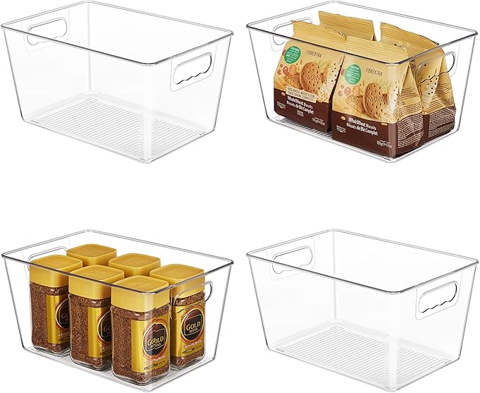 YIHONG Clear Plastic Storage Bins, 4 Pack Pantry Organizer Bins with Handle for Kitchen, Freezer,Cabinet,Closet Organization and Storage