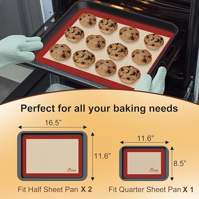 HOTEC Silicone Baking Mats 3 Pack – Thickened Non-Stick Reusable Silicone
