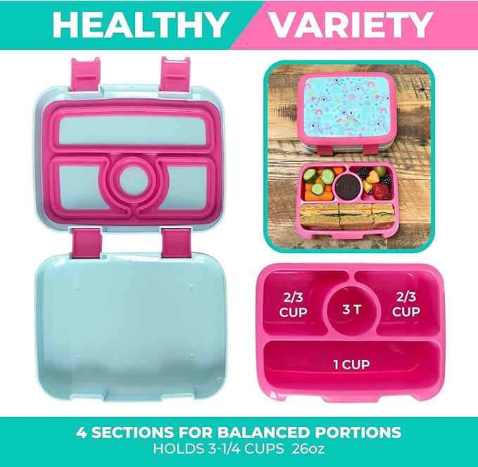 kinsho Bento Lunch Box for Kids Toddlers Girls, 4 Portion Sections Secure Lid, Microwave Safe BPA Free Removable Tray, Pre-School Kid Daycare Lunches Snack Container Ages 3 to 5, Pink Koala