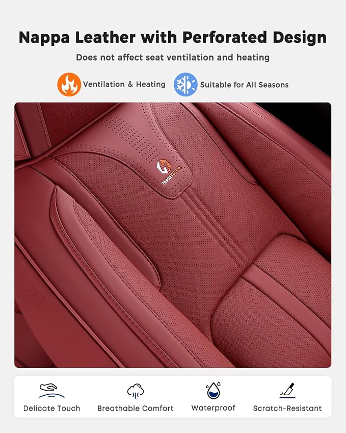 Huidasource Rear Car Seat Cover Luxury Nappa Leather, Rear Seat Cover with Velcro Adjustable, Ventilation Holes, Child Seats, Back Seat Covers for Cars Universal Fit for Most Cars SUV Trucks, Red