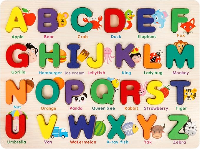 Alphabet Puzzle Wooden Puzzles for Toddlers 3 4 5 Year Old, ABC Shape Learning Toddler Toys with Board & Letter Blocks, Preschool Educational Toys for Girls Boys, Pattern Alphabet