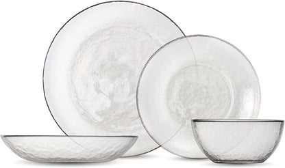 FORTESSA Los Cabos Tableware, 16-Piece Glass Dinnerware Set with 4 Dinner Plates, 4 Salad Plates, 4 Coupe Bowls and 4 Cereal Bowls, Dishwasher-Safe Glass Plate Set, Clear