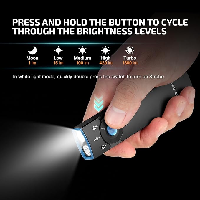 OLIGHT Arkfeld Pro Rechargeable EDC Flat Flashlight with Green Beam, UV and White LED Combo, 1300 Lumens Portable Pocket Lights, Triple Sources for Outdoors Emergency Working (Black NW)