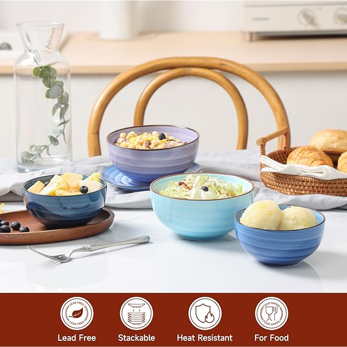 KitchenTour Dessert Bowls Set of 6, 12 OZ Ceramic Cereal Bowls for Kitchen, 4.7 Inch Small Bowls for Snack, Fruit, Ice Cream - Microwave & Dishwasher Safe, Assorted Cool Colors