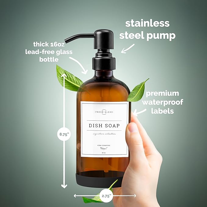 Vine Creations Amber Glass Soap Dispenser, 2 Pack Kitchen Soap Dispenser Set