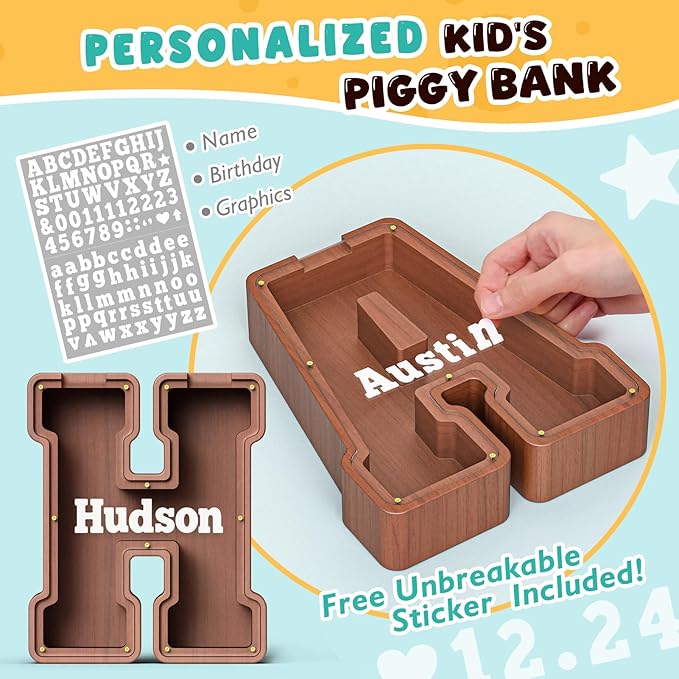 Summidate Wooden Letter Piggy Bank, Extra Thick Large Capacity Piggy Bank for Kids Boys Girls Toddler, Alphabet H Money Bank| Coin Box Birthday, Christmas, Festival