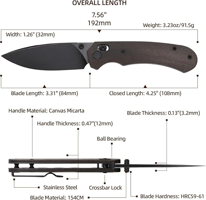 Folding Knife,Pocket Knife,3.31??154CM Blade,Erogonomic Canvas Micarta Handle,Survival Camping Knife with Pocket Clip,EDC Knife for Camping Hunting Hiking Survival,Green