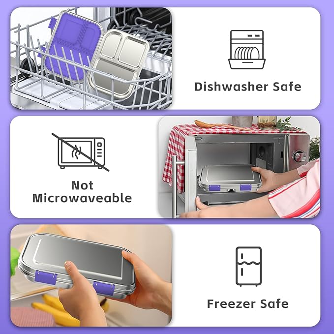Stainless Steel Kids Leak-Resistant Bento Lunch Box, 3-Compartments with Silicone Container, Dishwasher-Safe, Child-Friendly Design for School, Picnics & Travel,BPA-Free(Purple)