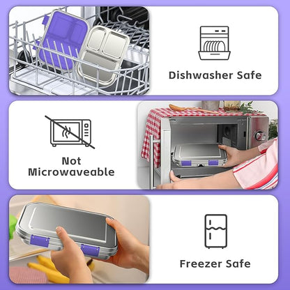 Stainless Steel Kids Leak-Resistant Bento Lunch Box, 3-Compartments with Silicone Container, Dishwasher-Safe, Child-Friendly Design for School, Picnics & Travel,BPA-Free(Purple)
