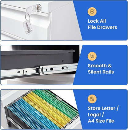 MIIIKO White Filing Cabinet 3 Drawers on Wheels Under Desk, Metal Rolling File