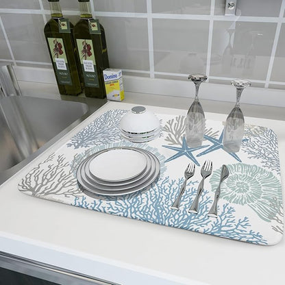 Nautical Dish Drying Mat for Kitchen Counter Coastal Seashell Starfish Summer