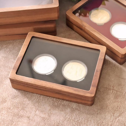 Walnut Wood Challenge Coin Display Case , Coin Box, Acrylic Clear Cover, 2 Slot Design, Compatible with Coins Measuring 17/20/25/27/30/35/40/46mm in Diameter and Less Than 3mm in Thickness