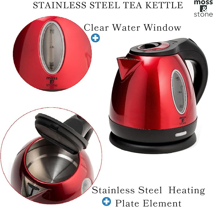 Moss & Stone 1.2L Stainless Steel Small Electric Kettle Red Color, Cordless