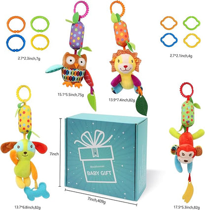 Bloobloomax Baby Soft Hanging Rattle, Car Seat Stroller Toys with Plush Animal C-Clip Ring for Infant Babies Boys and Girls 3 6 9 to 12 Months (12PCS-A)