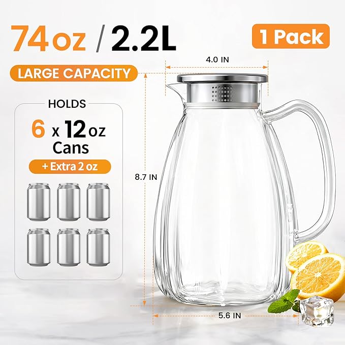 Glass Pitcher with Lid and Handle, 2.2L Borosilicate Glass Water Carafe