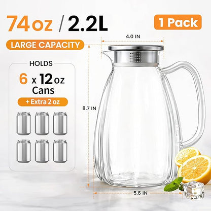 Glass Pitcher with Lid and Handle, 2.2L Borosilicate Glass Water Carafe