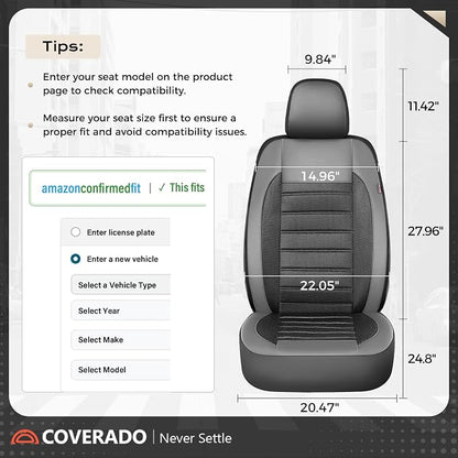 Coverado Car Seat Covers Front Seats, Luxury Leather Car Seat Covers, Automotive Mesh Seat Covers 2 Pack, Airbag-Compatible, Black Gray Seat Covers for SUV Sedan Truck
