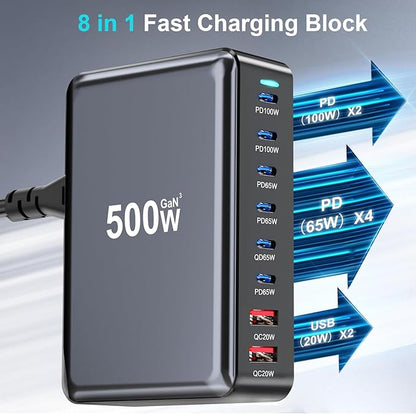 500W USB C Fast Charger Block, 8 Port USB Charging Station, GaN Ⅲ Pro Double