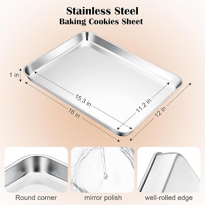 E-far Stainless Steel Baking Sheet, 16” x12” x 1” Baking Cookie Sheet Pan