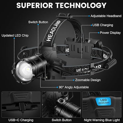 Headlamp Rechargeable 99,000LM Super Bright, 2pack LED Head Lamp with 3 Modes, 90°Adjustable Head Lights for Forehead, IPX6 Waterproof HeadLamps for Camping Hiking