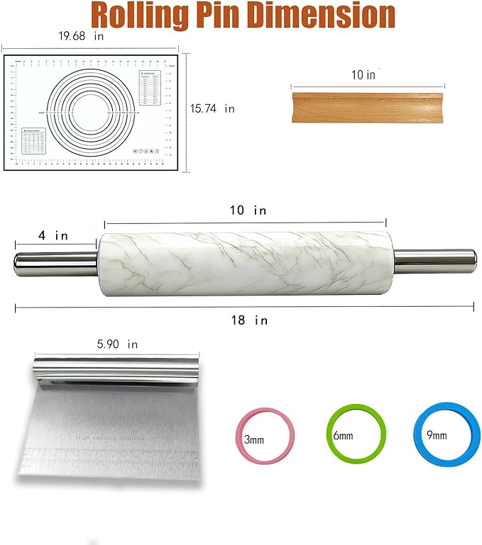 White Marble Rolling Pin with Stainless Steel Handles Baking Set