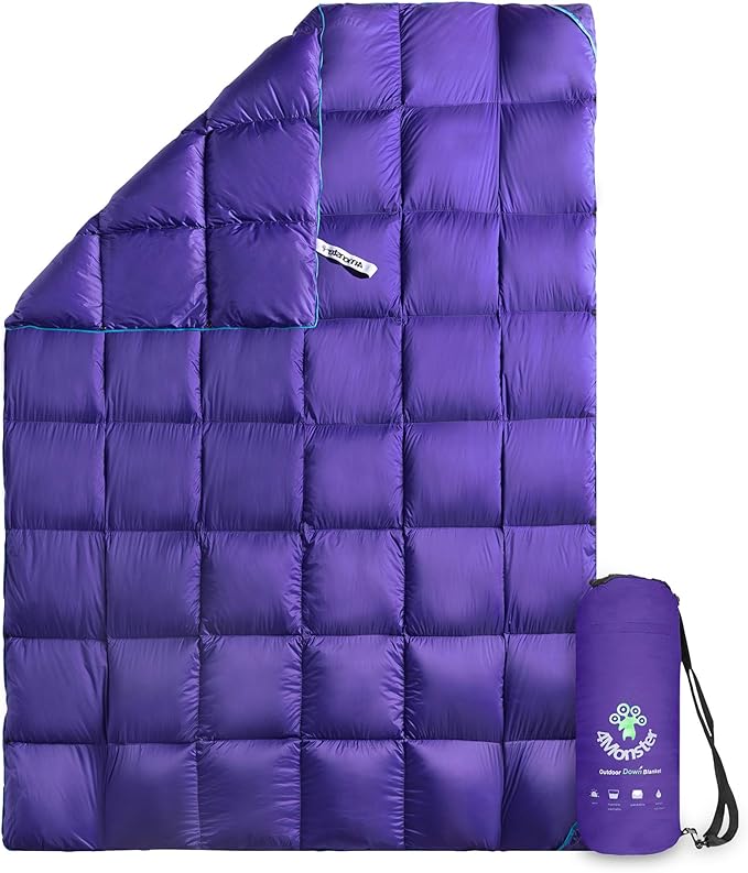 4Monster Down Camping Blanket - Outdoor Travel Quilt Puffy 650 Fill, Packable, Lightweight,Wind & Waterproof | Ideal for Stadium, Backpacking,Picnics, Beach and Hiking