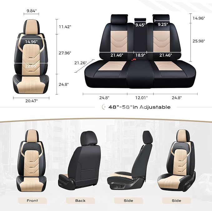 Coverado Car Seat Covers Full Set, Leather Seat Cover for Car, Front and Back Seat Covers, Black & Beige Car Seat Protector, Waterproof Car Seat Cushion Automotive Seat Cover Universal for Most Cars