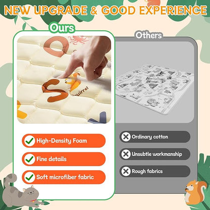 Baby Play Mats for Floor - 65”x50” Playmat for Babies - Foldable Soft Foam Mat for Toddlers - Machine Washable & Non-Slip Thick Play Mat for Picnic Portable - Animals Alphabet Design