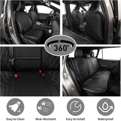 EKR Rav4 Seat Covers Custom Fit for Toyota Rav4 (Hybrid) SE/XSE & (PHEV) GR SPORT 2026, Car Seat Cover Full Set for Suv,Factory-Style Upgrade, Easy-Wipe Protection,Faux Leather(Black with Blue Piping)