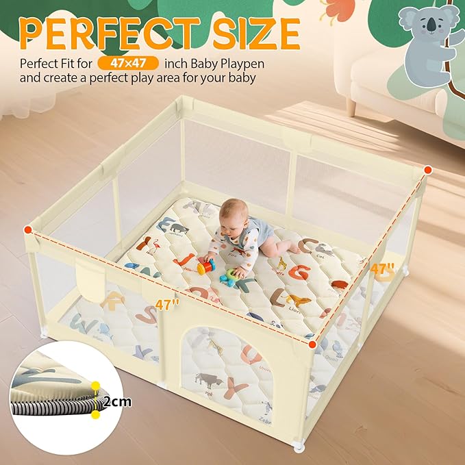 Baby Play Mats for Floor - 47”x47” Baby Play Mat - Playmat for Baby and Toddlers Infants - Thick Tummy Time Floor Mat & Machine Washable - Animals Alphabet