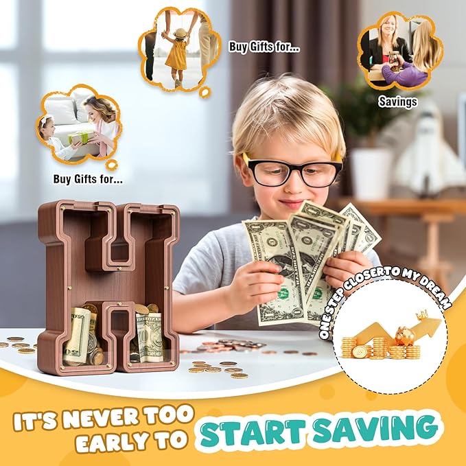 Summidate Wooden Letter Piggy Bank, Extra Thick Large Capacity Piggy Bank for Kids Boys Girls Toddler, Alphabet H Money Bank| Coin Box Birthday, Christmas, Festival