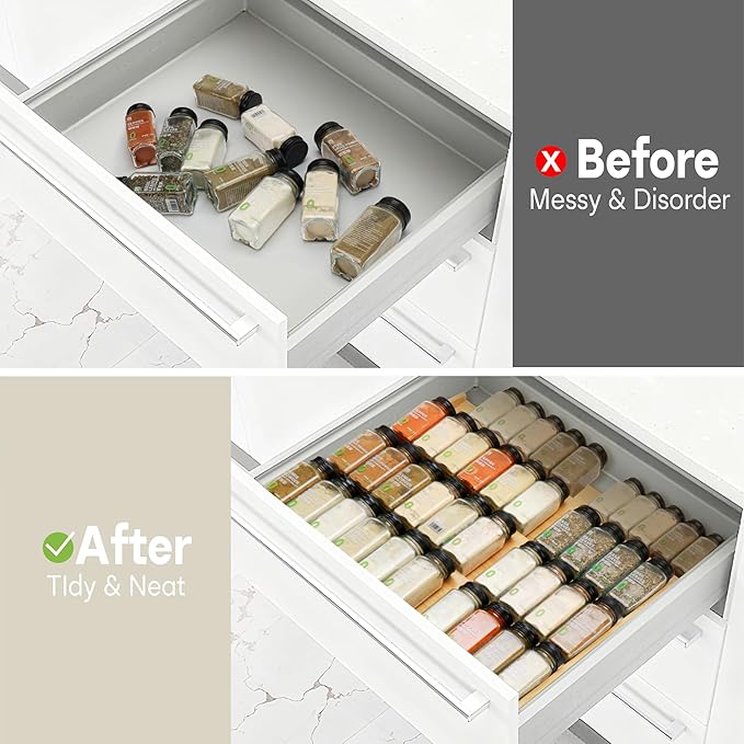 Bamboo Spice Drawer Organizer, Expandable 4 Tier Spice Rack