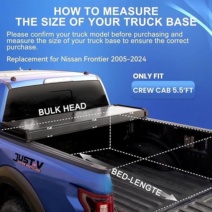 Just-V Hard Tri-Fold Truck Bed Tonneau Cover for Nissan Frontier 2005-2024 Only Fit Crew Cab 5FT Bed, Upgrade Solid FRP Textured Black, Requires Bracket