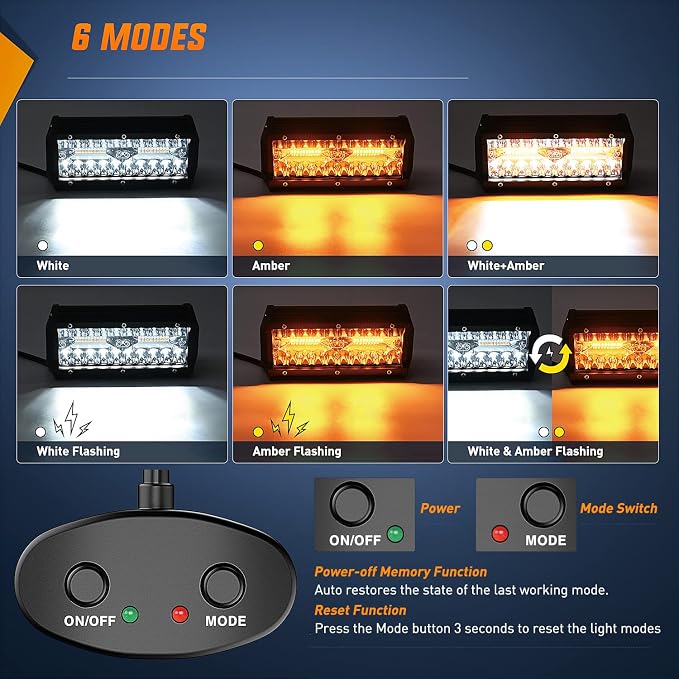 Nilight 2PCS 6.5 Inch 120W LED Light Bar Amber White Strobe 6 Modes Memory Function Off-Road Truck Car ATV SUV Cabin Boat with 16AWG Wiring Harness Kit-2 Lead