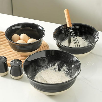 Hasense Large Ceramic Mixing Bowls, 2.1/1.5/1.0 Qt Salad Bowls for Kitchen, Versatile Serving Bowls for Cooking, Baking, Salad Mixing, Prepping, Nesting Black Bowl Set of 3, Dishwasher Microwave Safe