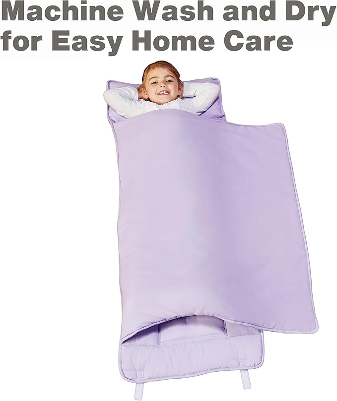 EVERYDAY KIDS Nap Mat with Removable Pillow - Lavender - Carry Handle with Straps Closure, Rollup Design, Soft Microfiber for Preschool, Daycare, Travel Sleeping Bag - Ages 3-6 Years